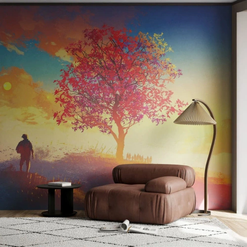 Fotótapéta Premium Sand - Zarándok a célállomáson - Tájkép, Fa, Vándor - 250x175 cm