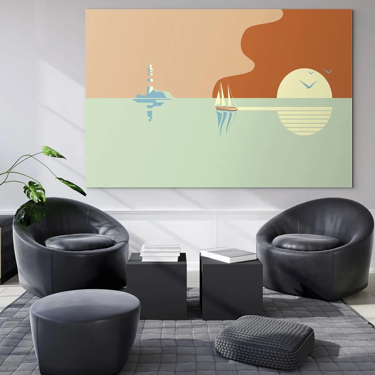 Üveg kép - Minimalista naplemente vitorlással és világítótoronnyal - 70x50cm - Tökéletes tengeri tájkép - Modern fali dekoráció nappalihoz és hálószobához ARTTOR