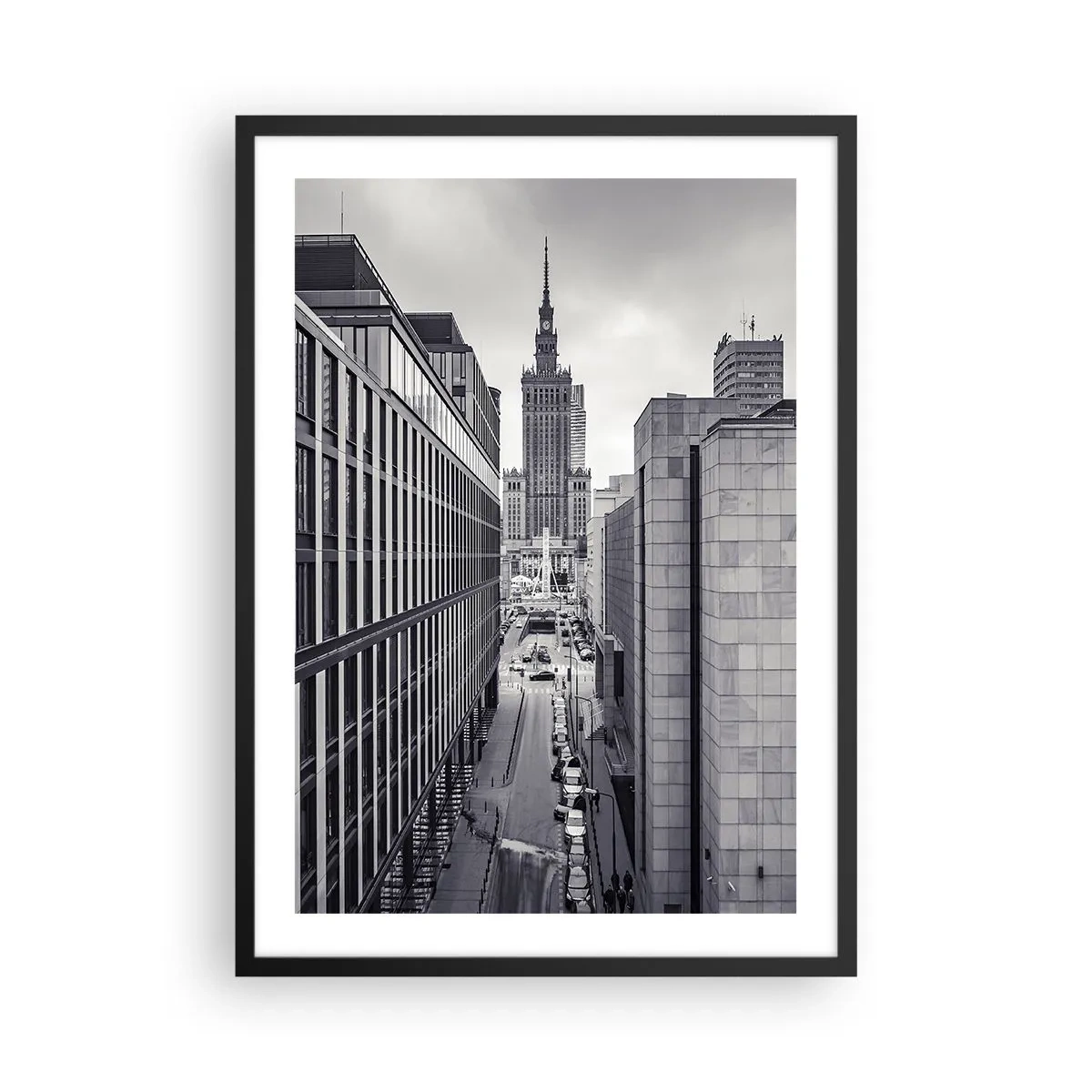 Poszter fehér keretben - A varsói Kultúra és Tudomány Palotája szürke árnyalatokban - 50x70cm - Varsói völgy - Modern fali dekoráció nappalihoz és hálószobához ARTTOR