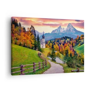 Vászonkép - Őszi hegyi táj kápolnával és naplementével - 70x50cm - Tájképszerű festmény - Modern fali dekoráció nappalihoz és hálószobához ARTTOR