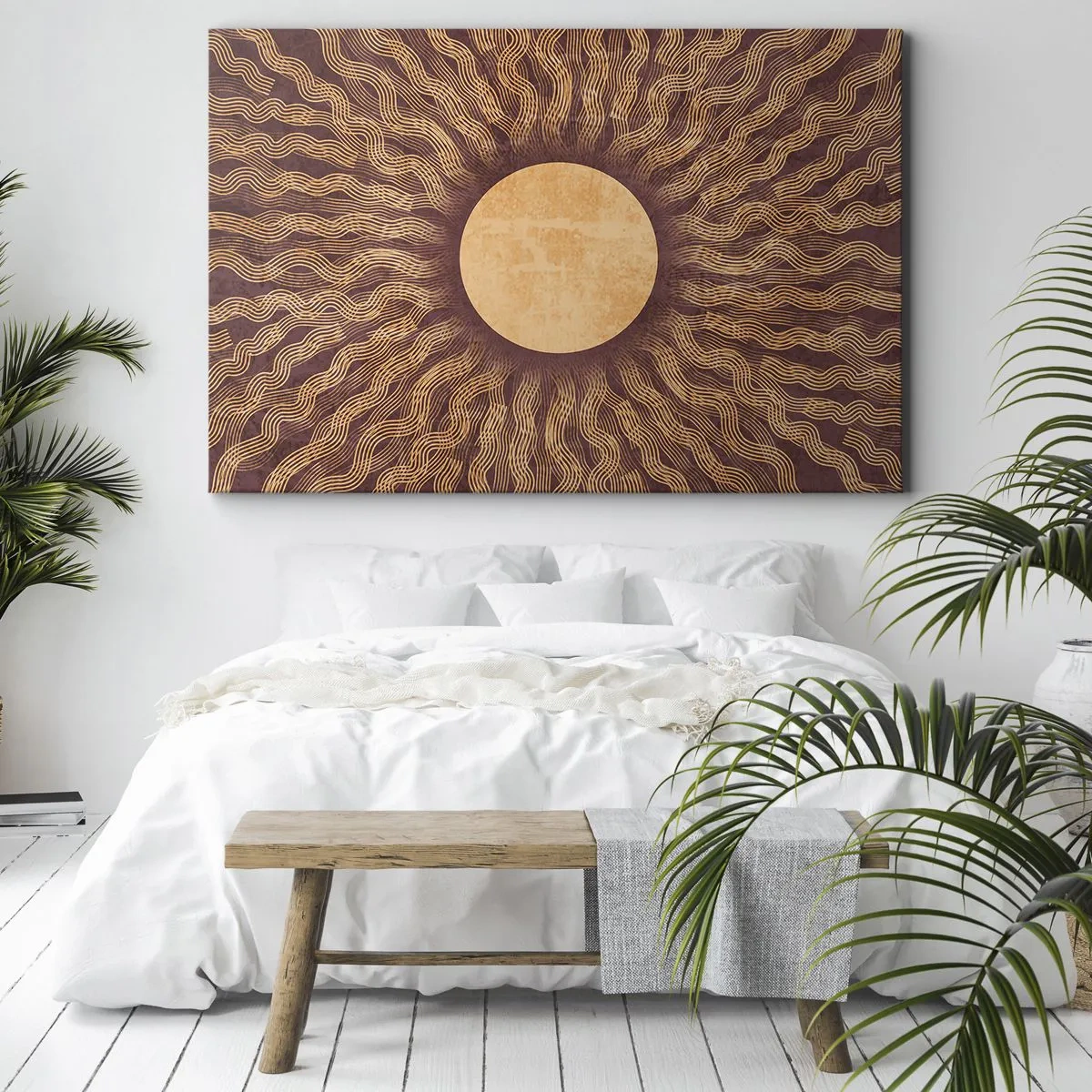 Vászonkép - Napos minta sugarakkal barna árnyalatú háttéren - 70x50cm - A nap ikonja - Modern fali dekoráció nappalihoz és hálószobához ARTTOR