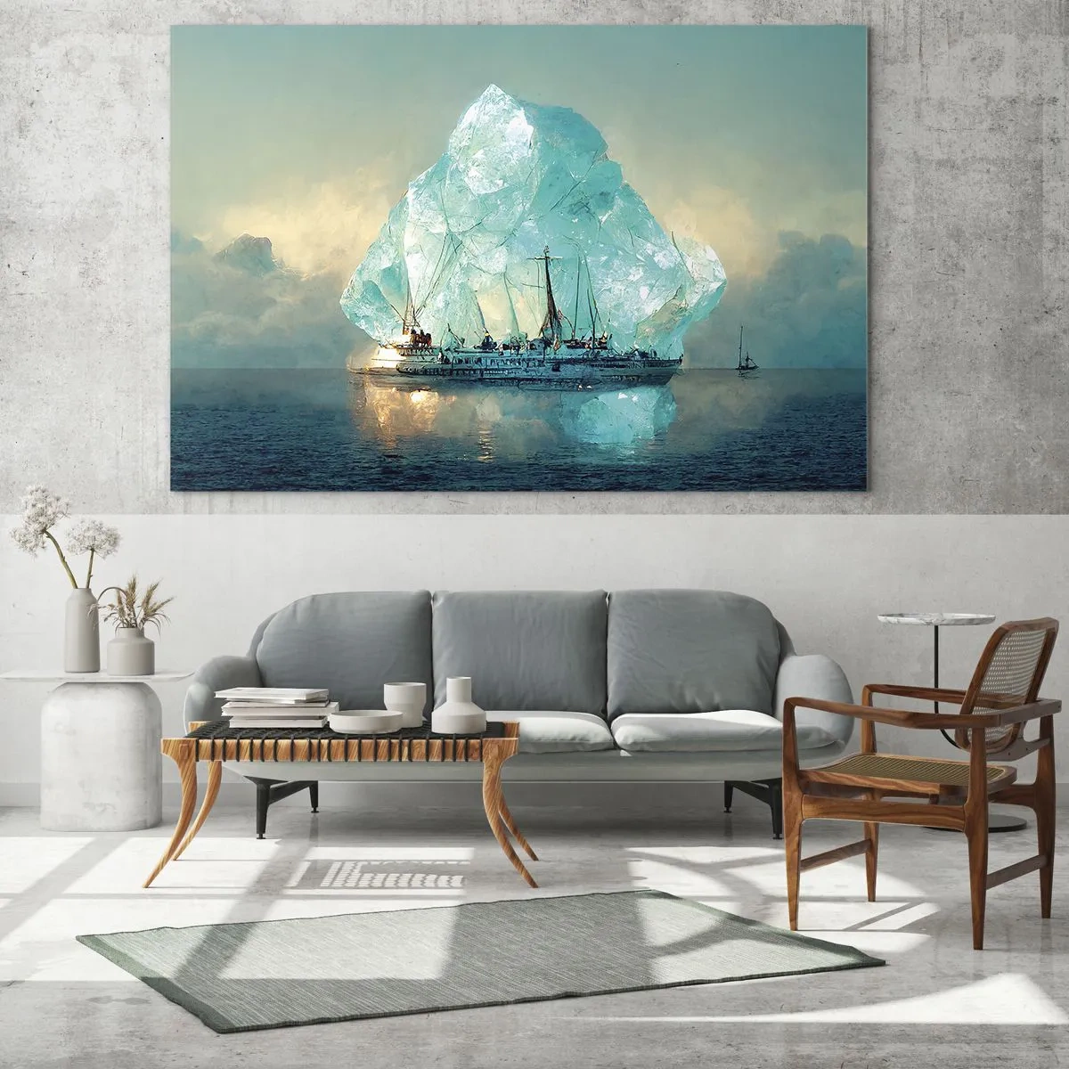 Üveg kép - Egy vitorláshajó egy hatalmas gleccser előtt az arktikus fényben. - 70x50cm - Sarkvidéki gyémánt - Modern fali dekoráció nappalihoz és hálószobához ARTTOR