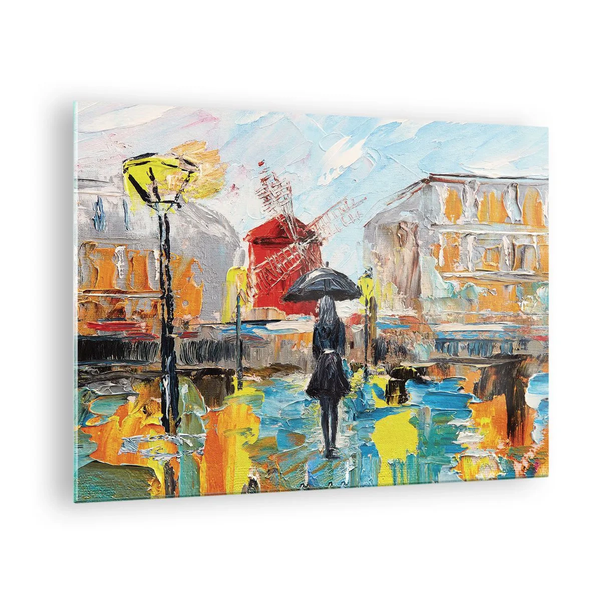 Üveg kép - Egy nő esernyővel a város hátterében, impresszionista stílusban. - 70x50cm - Párizsi legendák - Modern fali dekoráció nappalihoz és hálószobához ARTTOR
