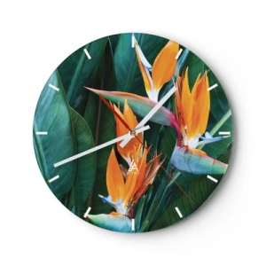 Falióra, Óra - Egzotikus strelitzia virágok zöld levelek hátterében - 30x30cm - Virág vagy madár? - Modern fali dekoráció nappalihoz, konyhához és hálószobához ARTTOR