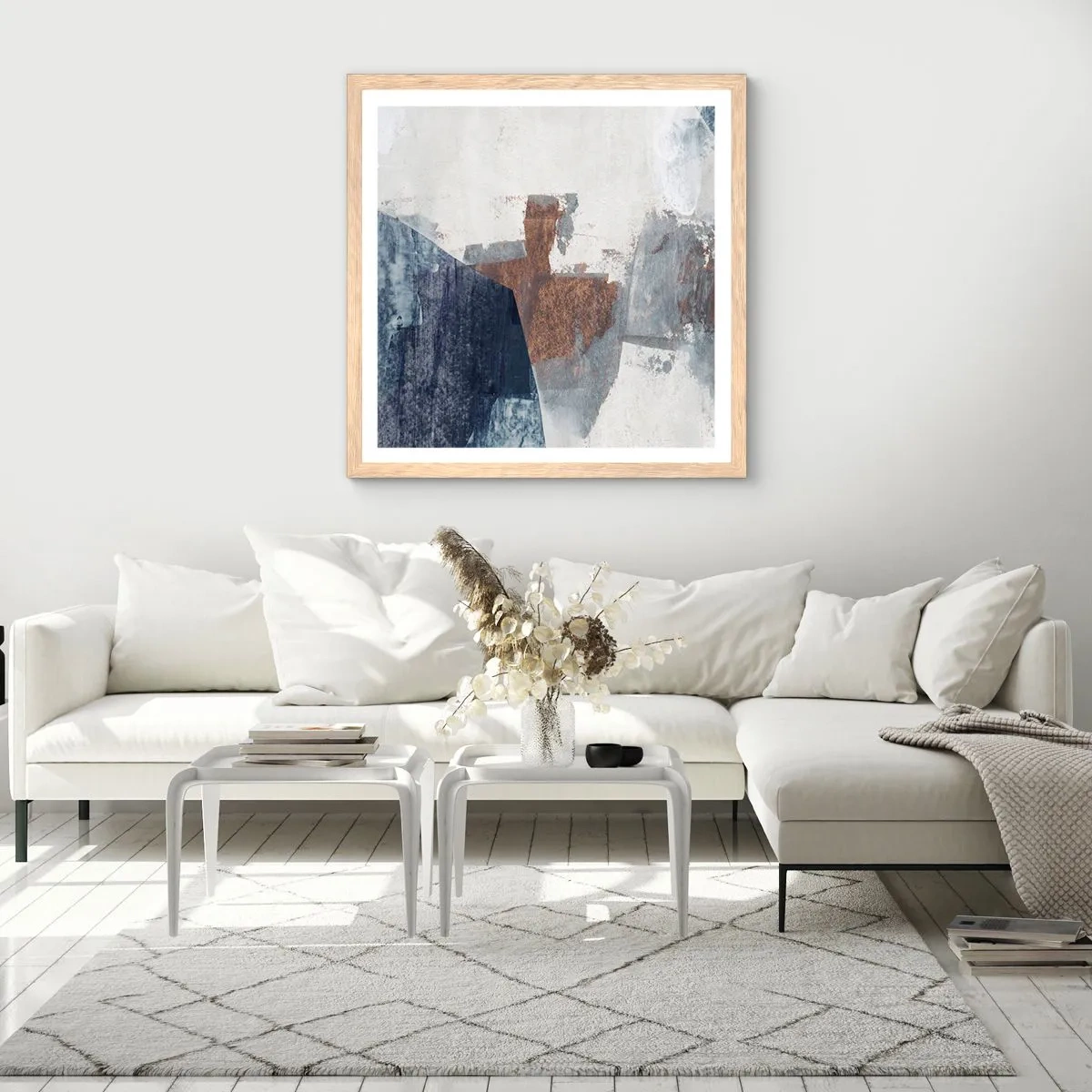 Poszter világos tölgy keretben - Kékes barna formák - 30x30 cm