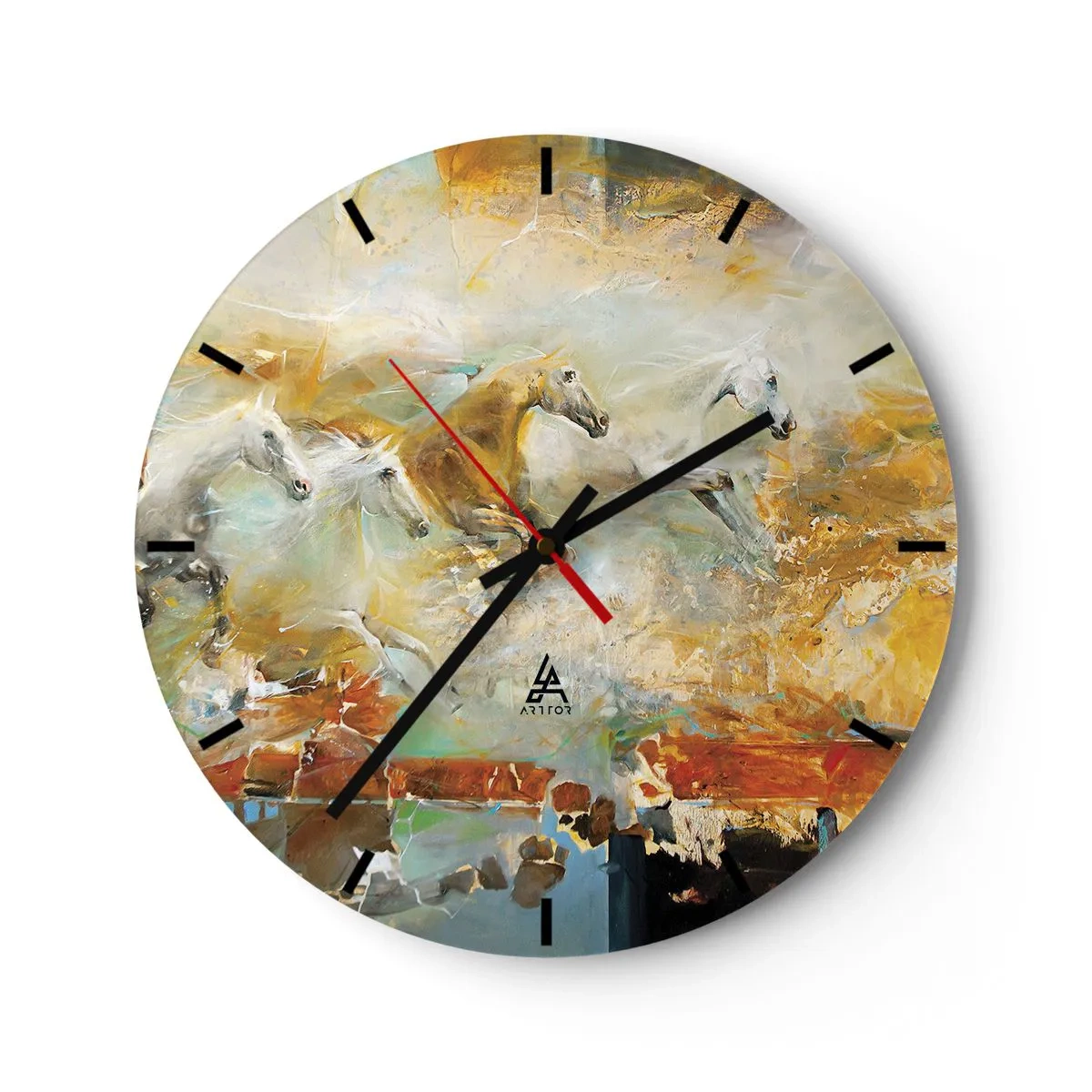 Falióra, Óra - Absztrakt lovak dinamikus mozgásban - 30x30cm - Vágta a fényen át - Modern fali dekoráció nappalihoz, konyhához és hálószobához ARTTOR