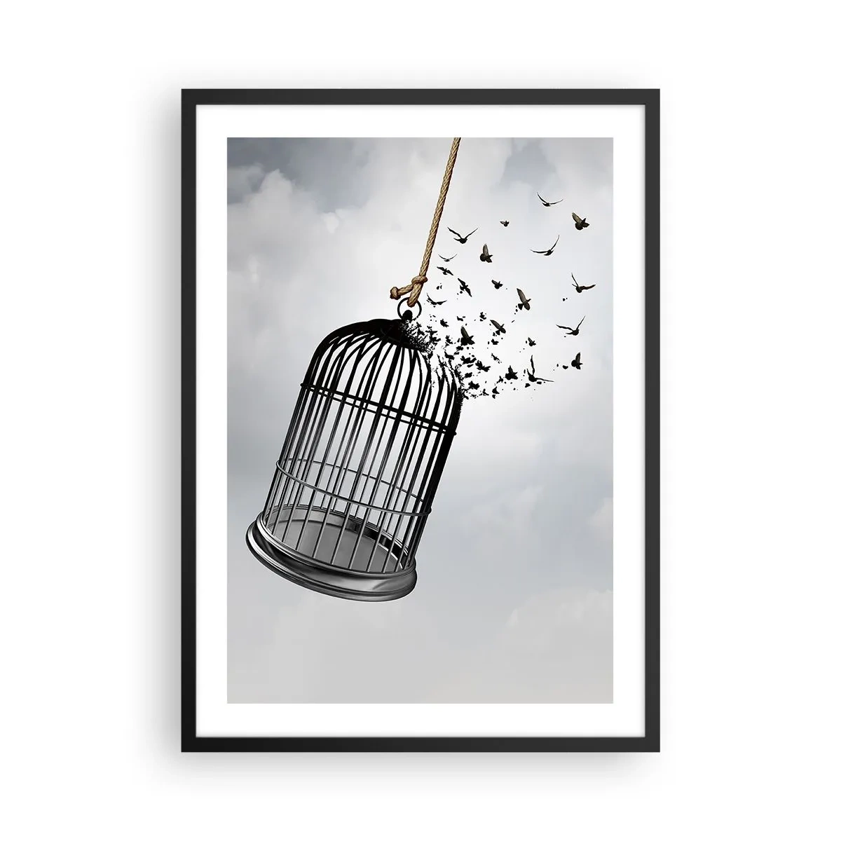Poszter fehér keretben - Madarak repülnek ki egy nyitott kalitkából a felhők hátterében - 50x70cm - Hit... Remény... Szabadság! - Modern fali dekoráció nappalihoz és hálószobához ARTTOR