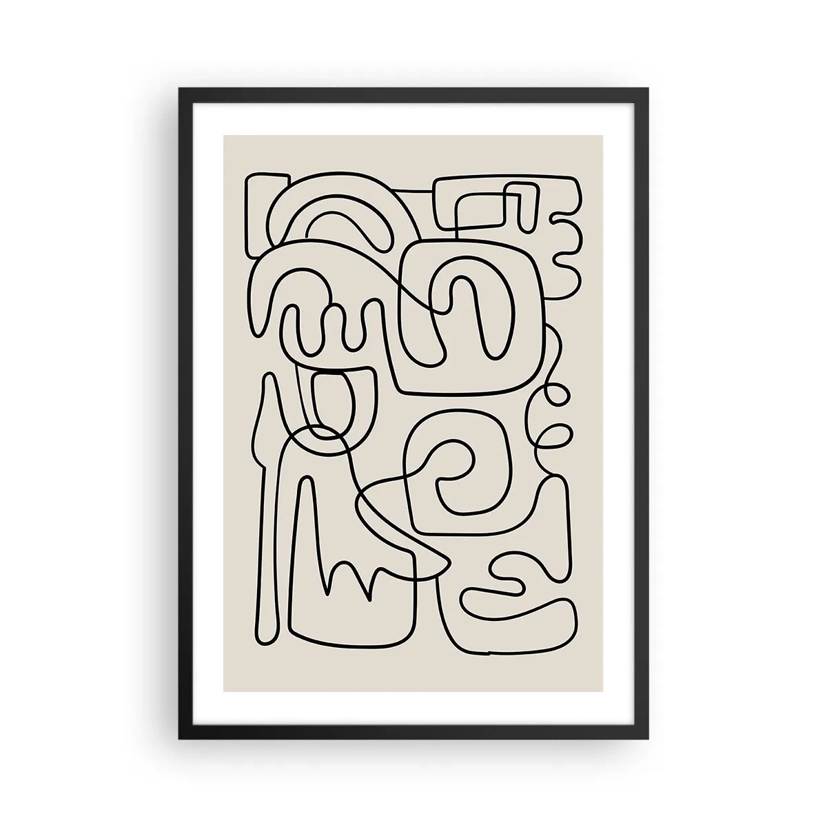 Poszter fehér keretben - Modern absztrakció bézs alapon fekete vonal formájában - 50x70cm - A nyomonkövetésben - Modern fali dekoráció nappalihoz és hálószobához ARTTOR
