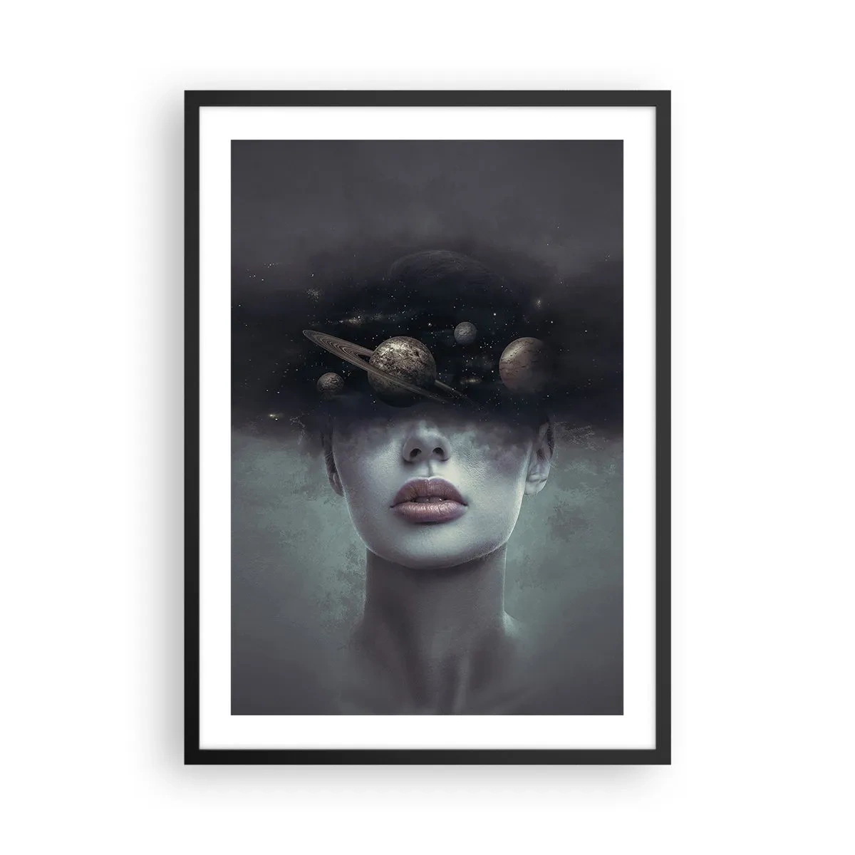 Poszter fehér keretben - Titokzatos portré egy nőről, akinek bolygói vannak az űrben - 50x70cm - És a bolygók megvadulnak... - Modern fali dekoráció nappalihoz és hálószobához ARTTOR