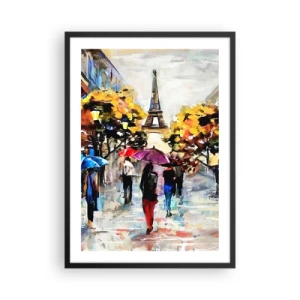 Poszter fehér keretben - Az Eiffel-torony őszi tájban, színes napernyőkkel - 50x70cm - Ősszel különösen szép - Modern fali dekoráció nappalihoz és hálószobához ARTTOR
