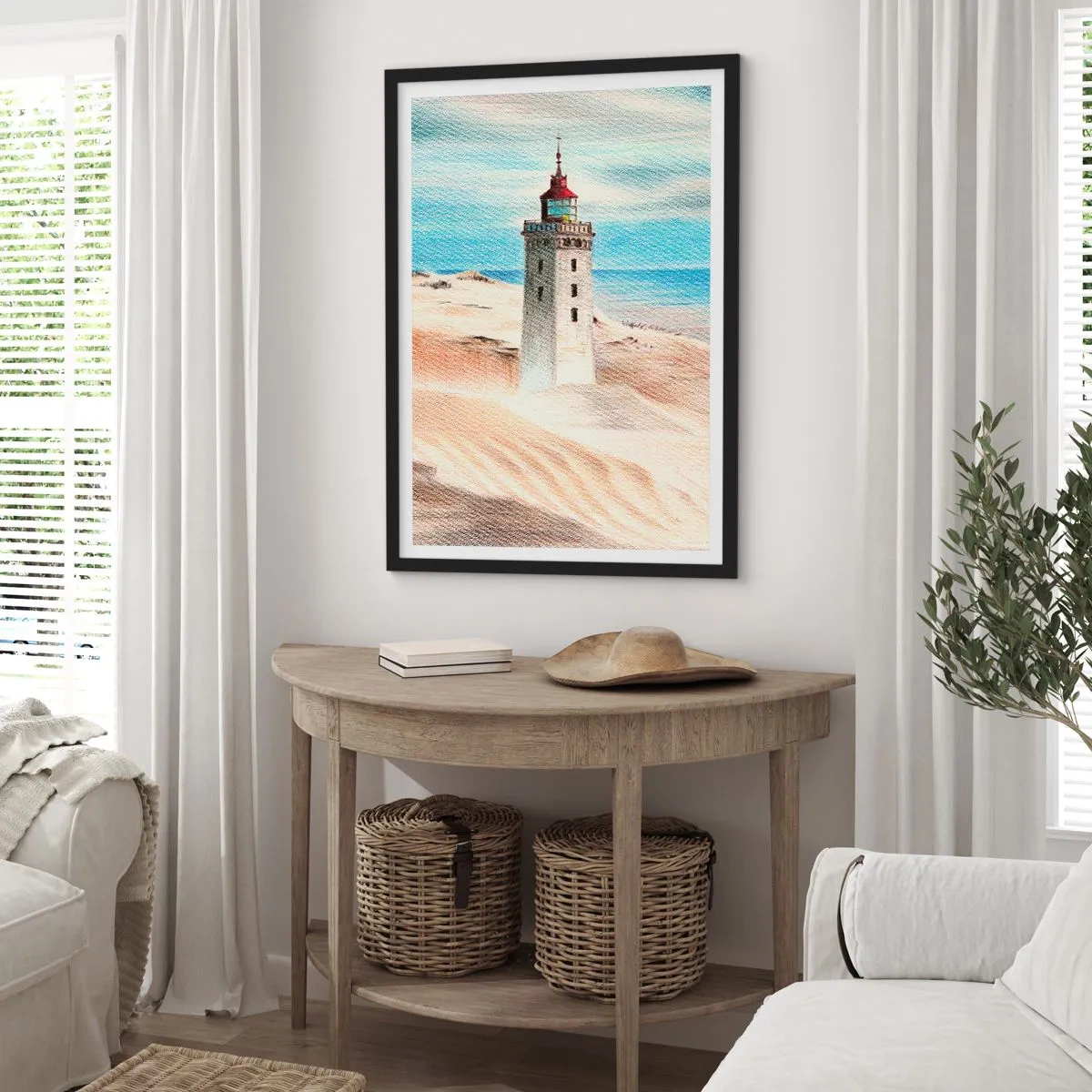Poszter fehér keretben - Egy világítótorony a homokdűnék és a kék ég hátterében - 50x70cm - Mindig a tengert bámulva - Modern fali dekoráció nappalihoz és hálószobához ARTTOR