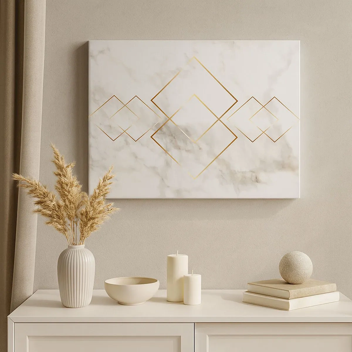 Vászonkép - Minimalista arany rombuszok márvány alapon - 70x50cm - Kilátás a végtelenbe - Modern fali dekoráció nappalihoz és hálószobához ARTTOR