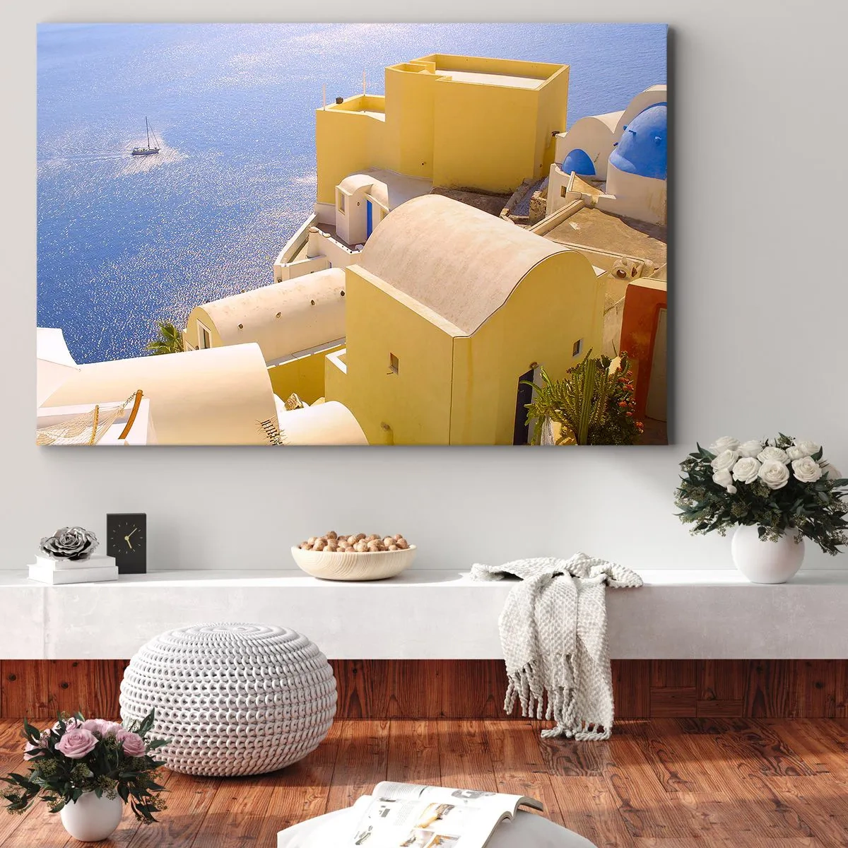 Vászonkép - Görög táj fehér és kék színben - 70x50 cm