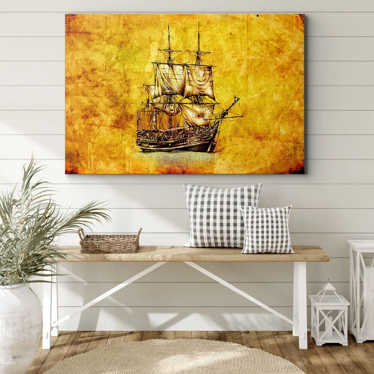 Vászonkép - Egy vitorláshajó stilizált rajza arany alapon, vintage hangulattal. - 70x50cm - Irány Tortuga! - Modern fali dekoráció nappalihoz és hálószobához ARTTOR