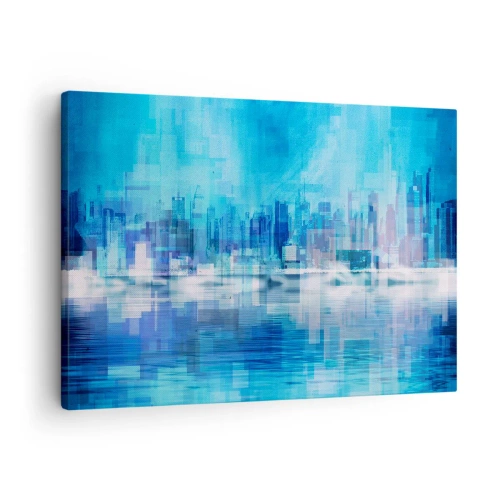 Vászonkép - Absztrakt városi panoráma kék árnyalatokban - 70x50cm - Kékbe merült - Modern fali dekoráció nappalihoz és hálószobához ARTTOR