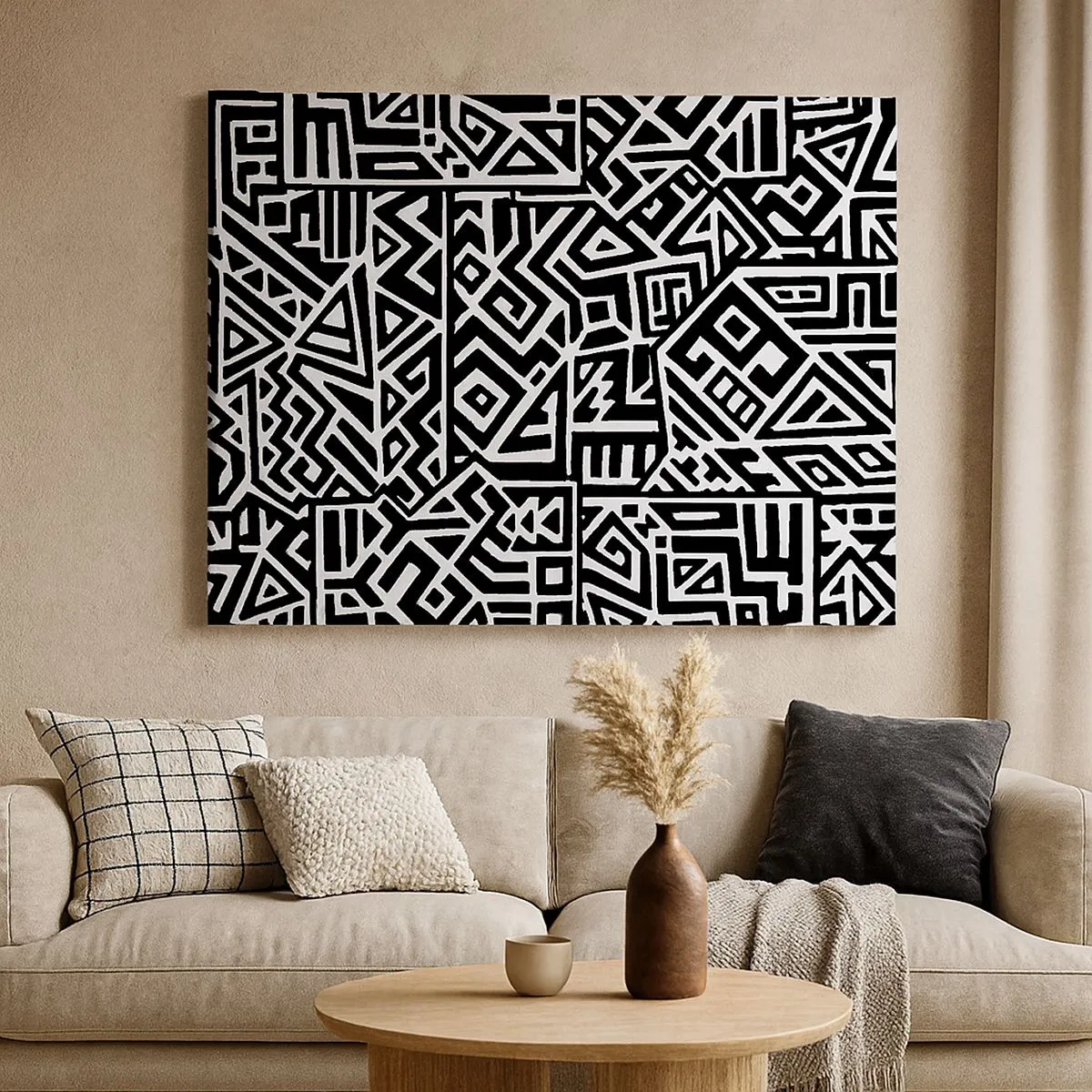 Vászonkép - A Kolumbusz előtti kultúra ihlette fekete-fehér geometrikus mintákat - 70x50cm - Kolumbusz előtti kompozíció - Modern fali dekoráció nappalihoz és hálószobához ARTTOR
