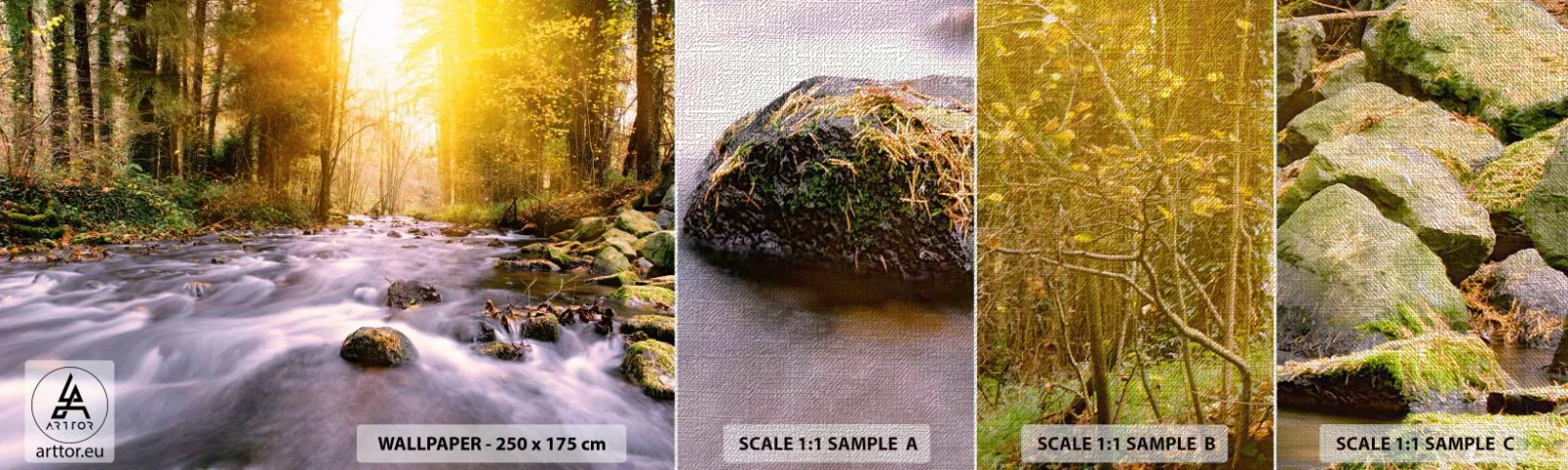 Fotótapéta Minta Premium Canvas - Malachit ezüst és arany keretben - Tájkép, Hegyi patak, Erdő - 100x30 cm