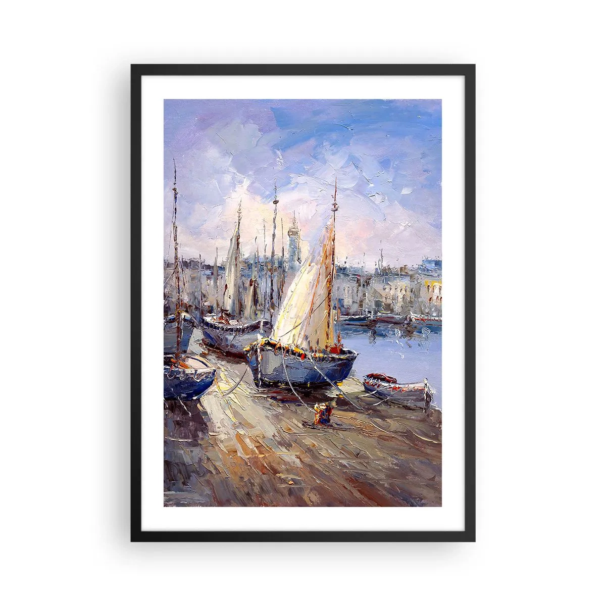 Poszter fehér keretben - Vitorlások egy festői kikötőben, napsugarak világítják meg - 50x70cm - Város az öböl mellett - Modern fali dekoráció nappalihoz és hálószobához ARTTOR