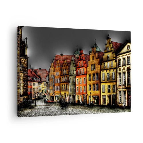 Vászonkép - Színes bérházak egy macskaköves utcán a történelmi városban - 70x50cm - Már csak egy elvarázsolt hintó hiányzik - Modern fali dekoráció nappalihoz és hálószobához ARTTOR