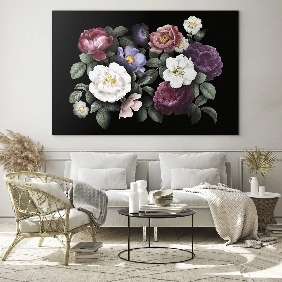 Üveg kép - Virágkompozíció pünkösdi rózsákkal, fekete alapon - 70x50cm - Az angol kertből - Modern fali dekoráció nappalihoz és hálószobához ARTTOR