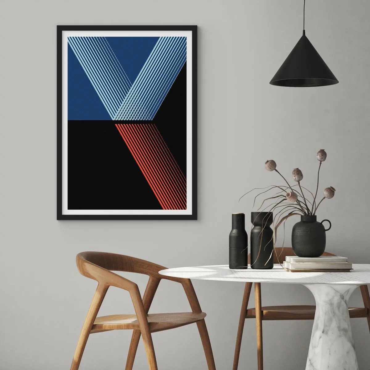 Poszter fehér keretben - Kék, fekete és piros vonalak absztrakt kompozíciója - 50x70cm - Egyszerű történet - Modern fali dekoráció nappalihoz és hálószobához ARTTOR