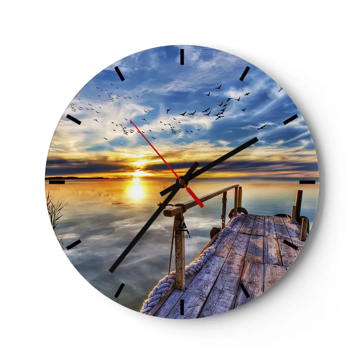 Falióra, Óra - Fából készült móló a tó felett naplementekor - 30x30cm - Megnyugszik a szél - Modern fali dekoráció nappalihoz, konyhához és hálószobához ARTTOR