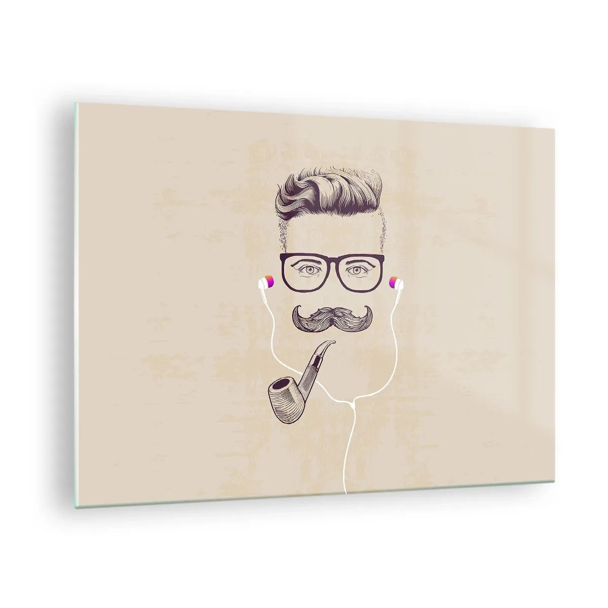 Üveg kép - Egy stilizált, szemüveges, bajuszos és pipás férfi rajza. - 70x50cm - Egy igazi férfi? - Modern fali dekoráció nappalihoz és hálószobához ARTTOR