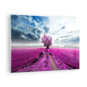 Üveg kép - Egy fa egy hangamezőn egy dinamikus ég alatt - 70x50cm - Csarab mező - szentély - Modern fali dekoráció nappalihoz és hálószobához ARTTOR