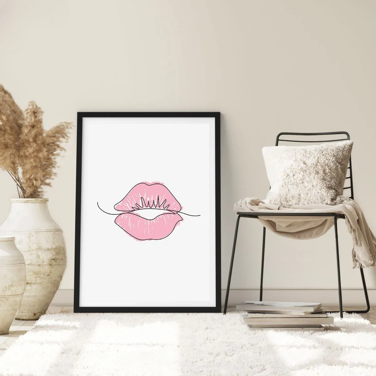 Poszter fehér keretben - Minimalista illusztráció rózsaszín ajkakról fehér alapon - 50x70cm - Készen állsz a csókra? - Modern fali dekoráció nappalihoz és hálószobához ARTTOR