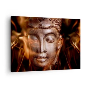 Vászonkép - Egy Buddha-szobor aranyló lángok között - 70x50cm - Csak itt és most létezik - Modern fali dekoráció nappalihoz és hálószobához ARTTOR