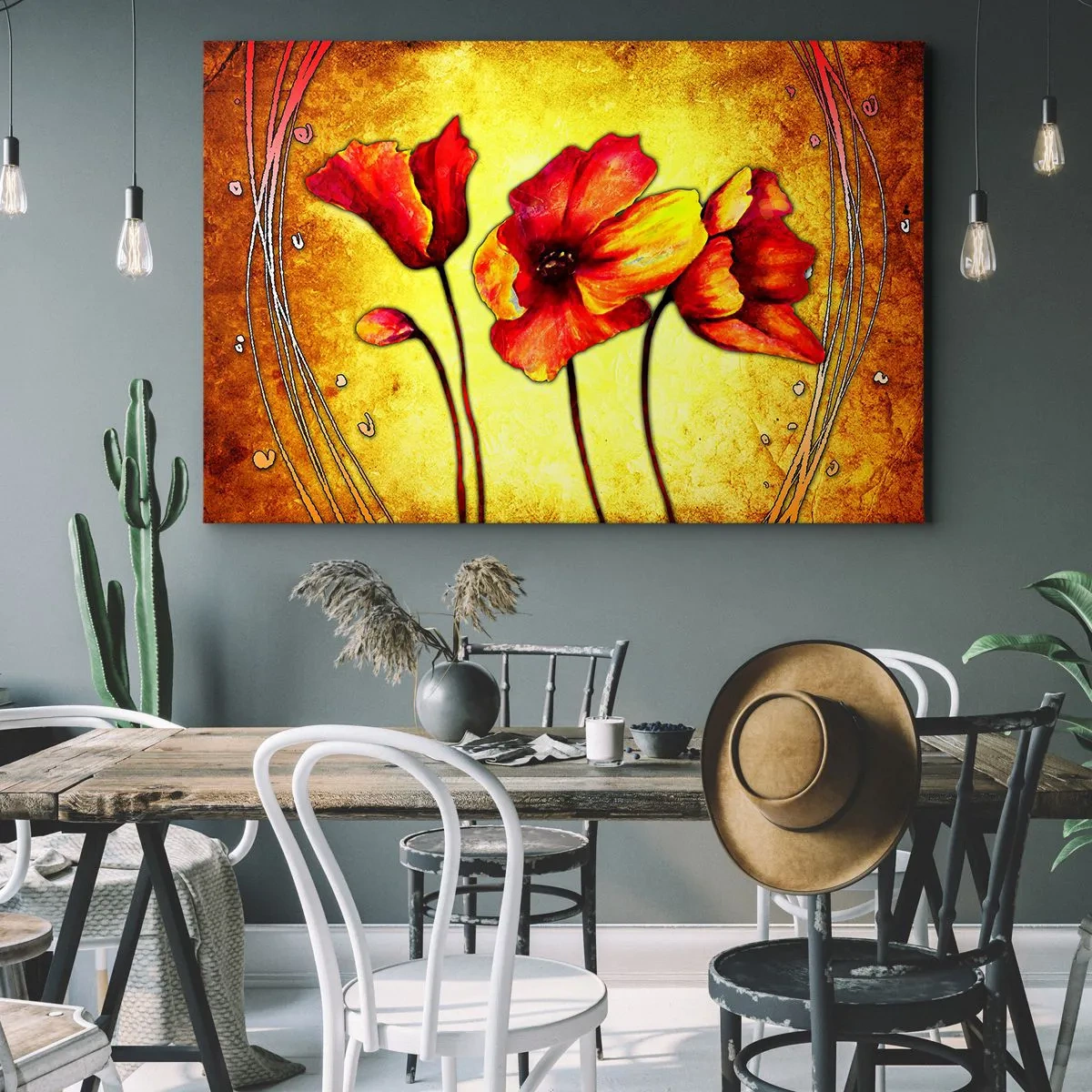 Vászonkép - Piros és sárga virágok arany alapon, dekoratív mintákkal - 70x50cm - Szecessziós díszítésben - Modern fali dekoráció nappalihoz és hálószobához ARTTOR