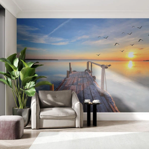 Öntapadós Fotótapéta Deluxe Sticker - Menj egyenesen a nap felé - Tájkép, Tó, Fa híd - 400x280 cm