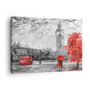 Vászonkép - London ikonikus látképe Big Bennel, egy piros busszal és egy esernyővel - 70x50cm - Izgalmas nap - Modern fali dekoráció nappalihoz és hálószobához ARTTOR