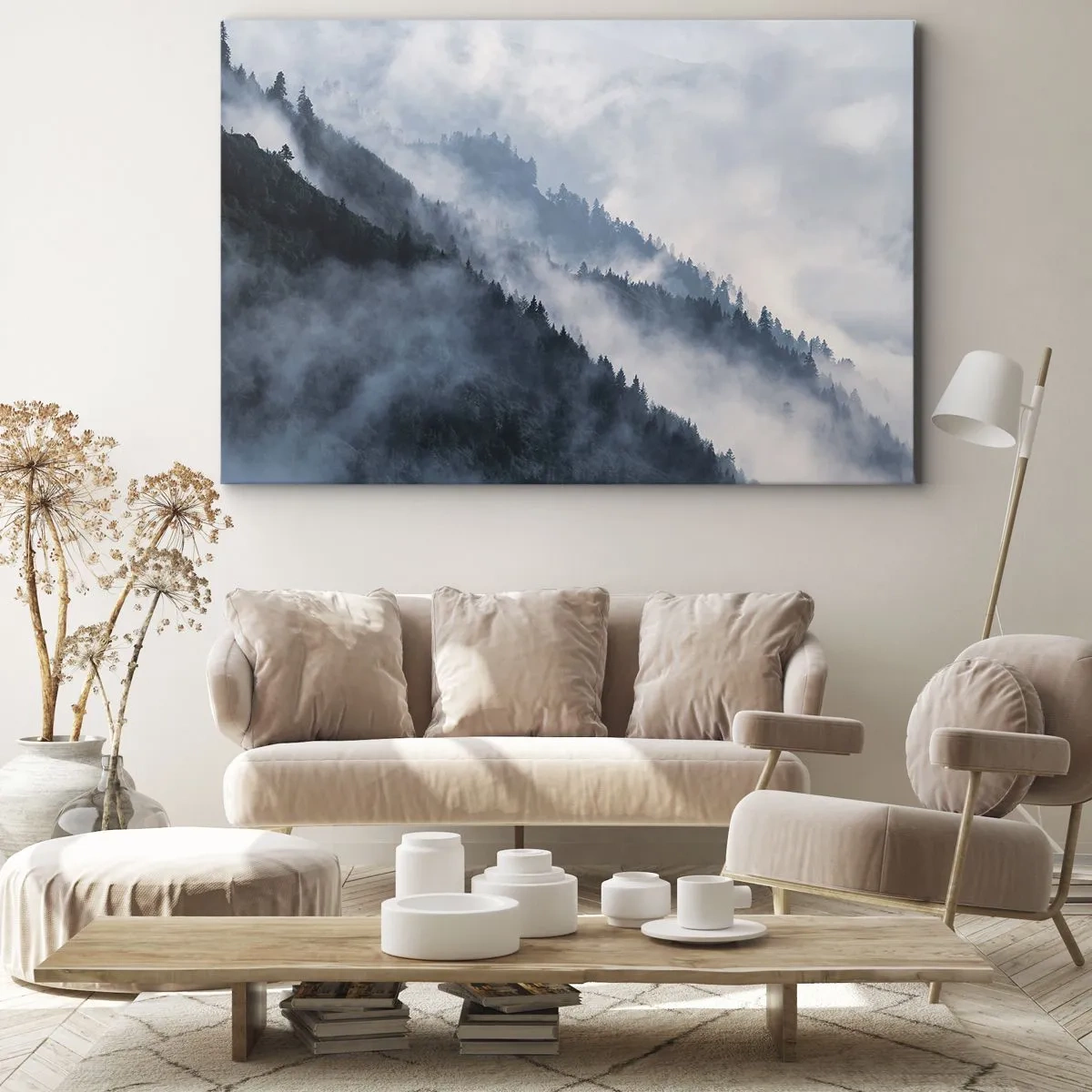 Vászonkép - Köd lebeg az erdős hegyoldalak felett egy titokzatos tájban - 70x50cm - A hegyek misztikája - Modern fali dekoráció nappalihoz és hálószobához ARTTOR