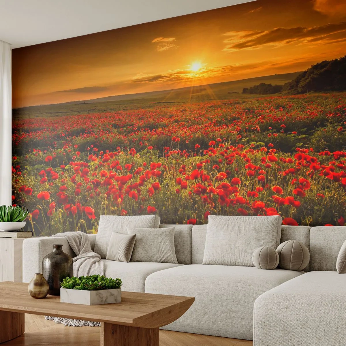 Fotótapéta Premium Sand - Susogó rétek hullámai között, a virág özön között - Tájkép, Virágok, Pipacsok - 400x280 cm