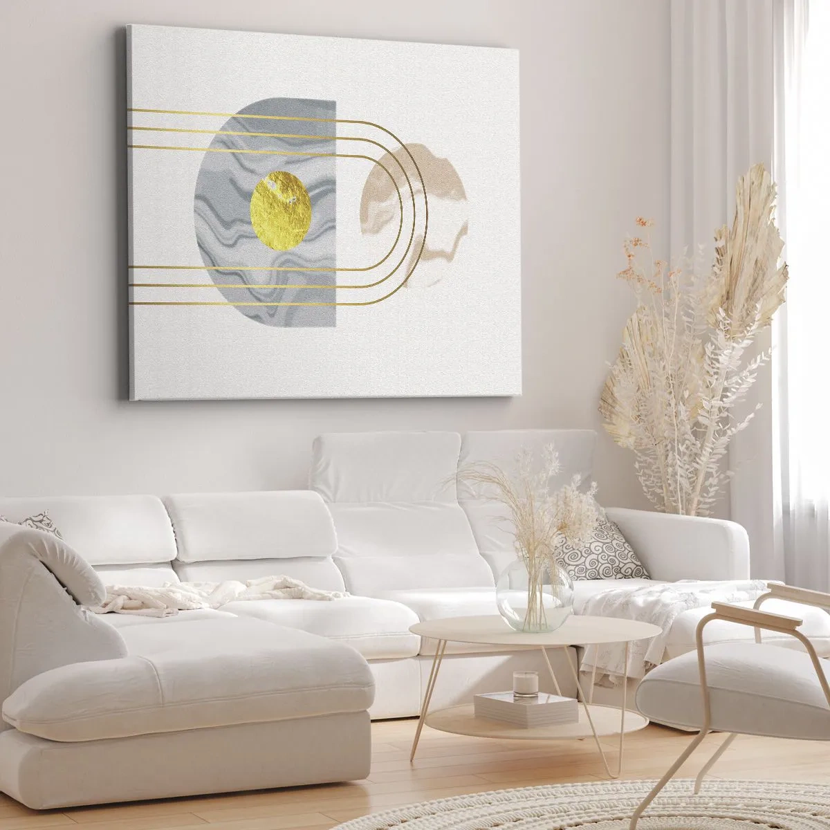 Vászonkép - Absztrakt kompozíció körökkel és arany vonalakkal világos háttéren. - 70x50cm - Fényerő és ragyogás - Modern fali dekoráció nappalihoz és hálószobához ARTTOR