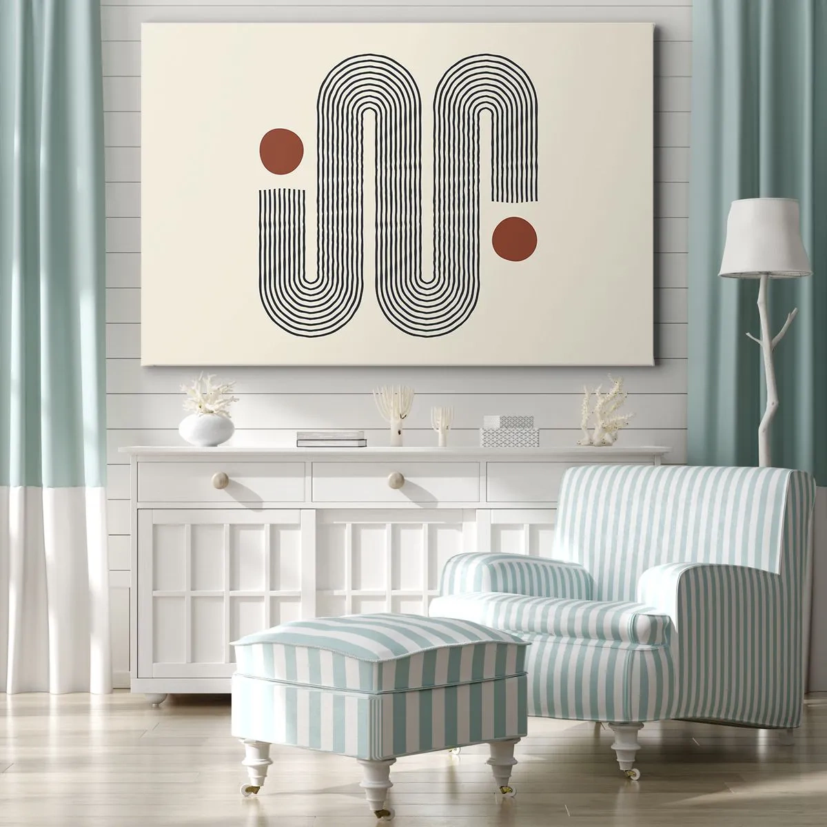 Vászonkép - Geometrikus minta vonalakkal és narancssárga körökkel - 70x50cm - Elejétől végéig - Modern fali dekoráció nappalihoz és hálószobához ARTTOR