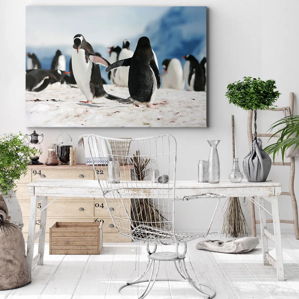 Vászonkép - Egy csoport pingvin a hóban egy antarktiszi tájon - 70x50cm - Tánc a havon - Modern fali dekoráció nappalihoz és hálószobához ARTTOR