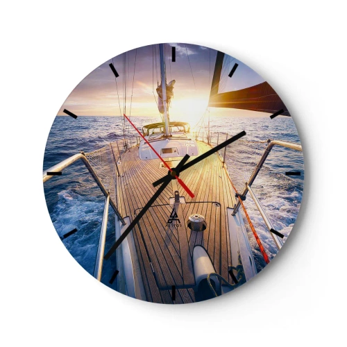 Falióra, Óra - Egy jacht a nyílt tengeren, a lenyugvó nap sugarai által megvilágítva - 30x30cm - Futás a hullámokon - Modern fali dekoráció nappalihoz, konyhához és hálószobához ARTTOR
