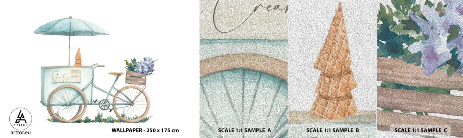 Fotótapéta Minta Premium Sand - A nyár édes emléke - Pasztell, Jégkrém, Kerékpár - 100x30 cm