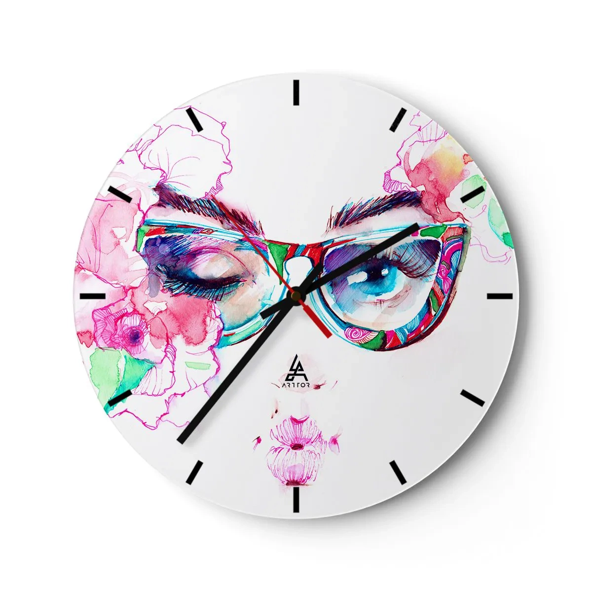 Falióra, Óra - Akvarell portré színes szemüveggel és virágokkal - 30x30cm - Csábító ígéret - Modern fali dekoráció nappalihoz, konyhához és hálószobához ARTTOR