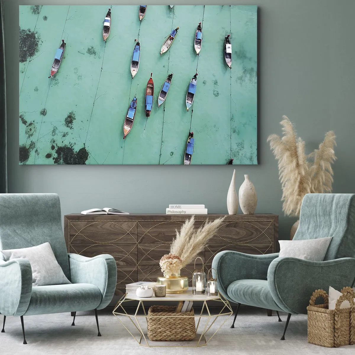 Vászonkép - Madártávlatból a türkizkék vízen úszó hajók - 70x50cm - Örömteli várakozásban - Modern fali dekoráció nappalihoz és hálószobához ARTTOR