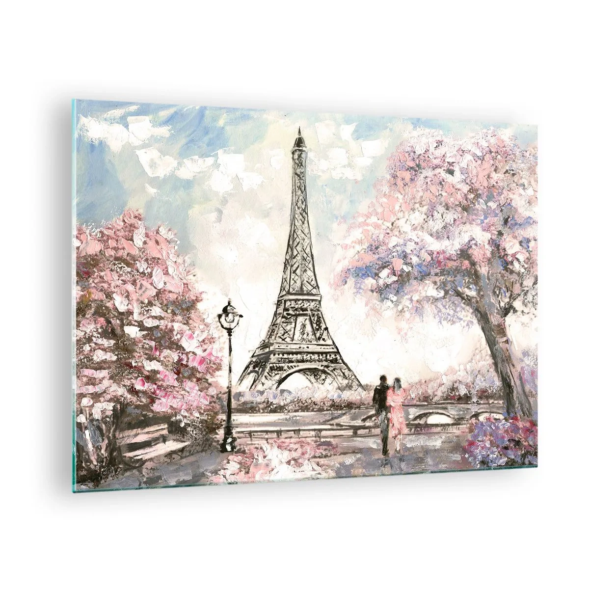 Üveg kép - Az Eiffel-torony illusztrációja tavaszi környezetben - 70x50cm - Áprilisi séta Párizsban - Modern fali dekoráció nappalihoz és hálószobához ARTTOR