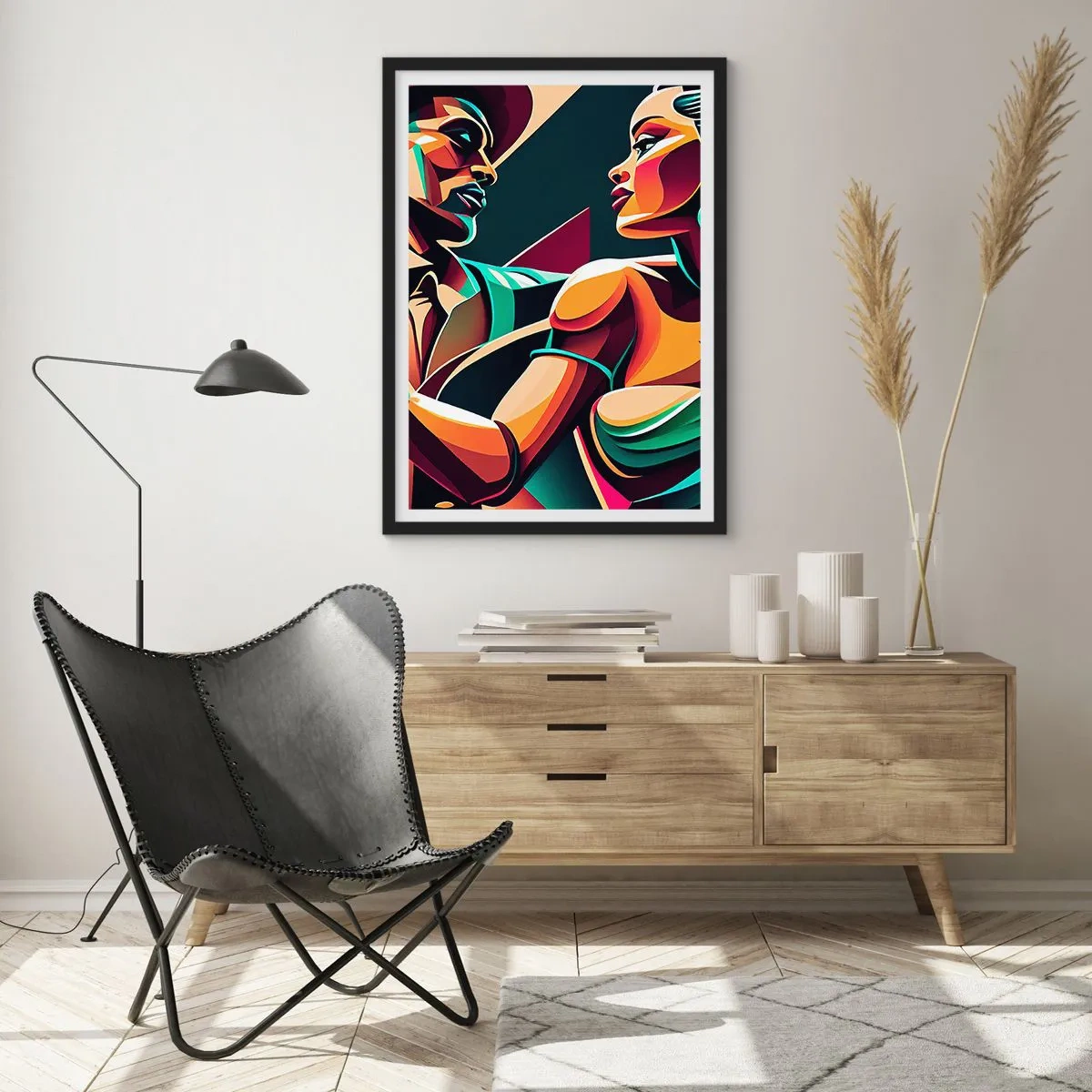 Poszter fehér keretben - Színes illusztráció egy párról, akik tangót táncolnak pop art stílusban - 50x70cm - A szív ritmusában - Modern fali dekoráció nappalihoz és hálószobához ARTTOR
