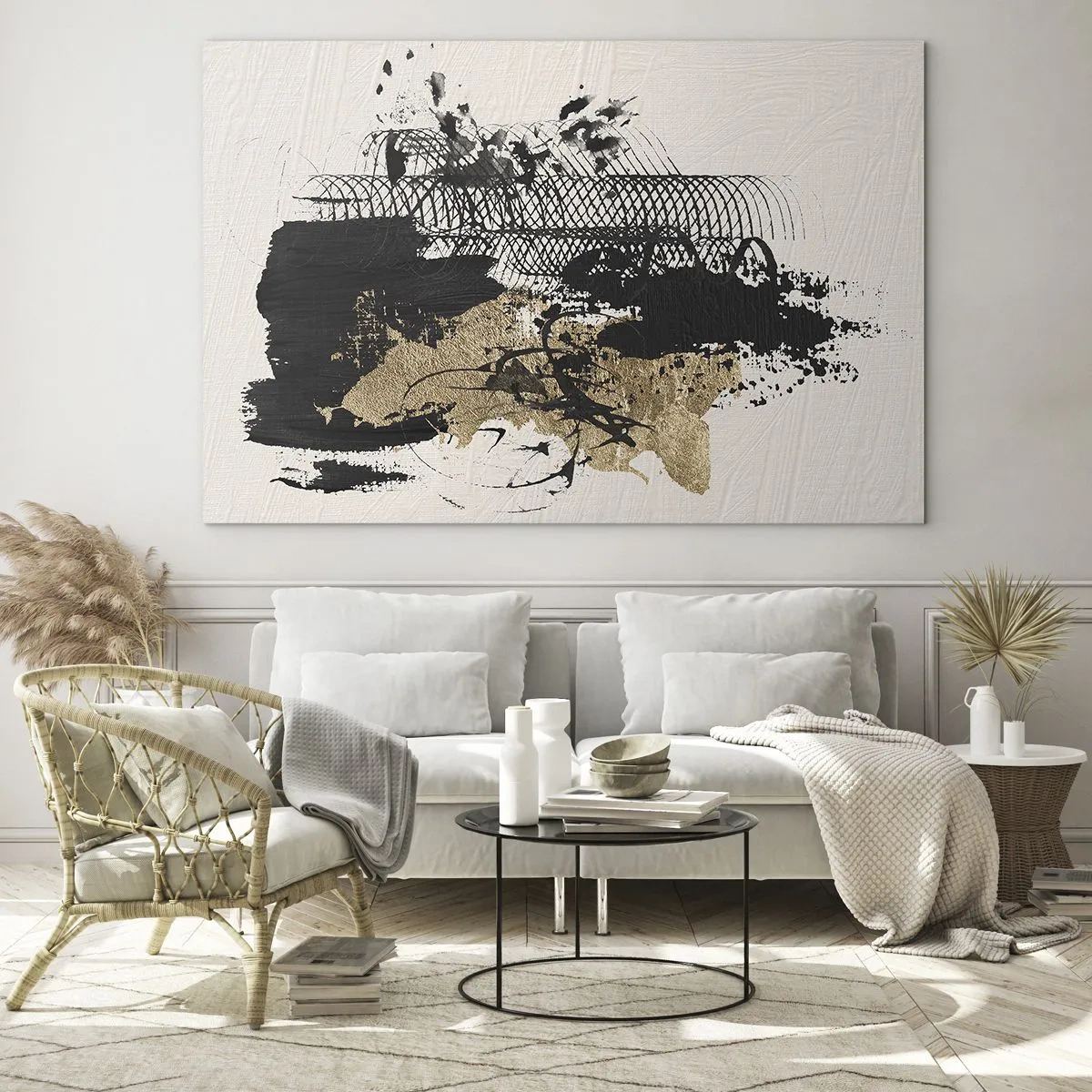 Üveg kép - Absztrakt kompozíció fekete és arany színben világos háttér előtt - 70x50cm - Szenvedélyes kompozíció - Modern fali dekoráció nappalihoz és hálószobához ARTTOR