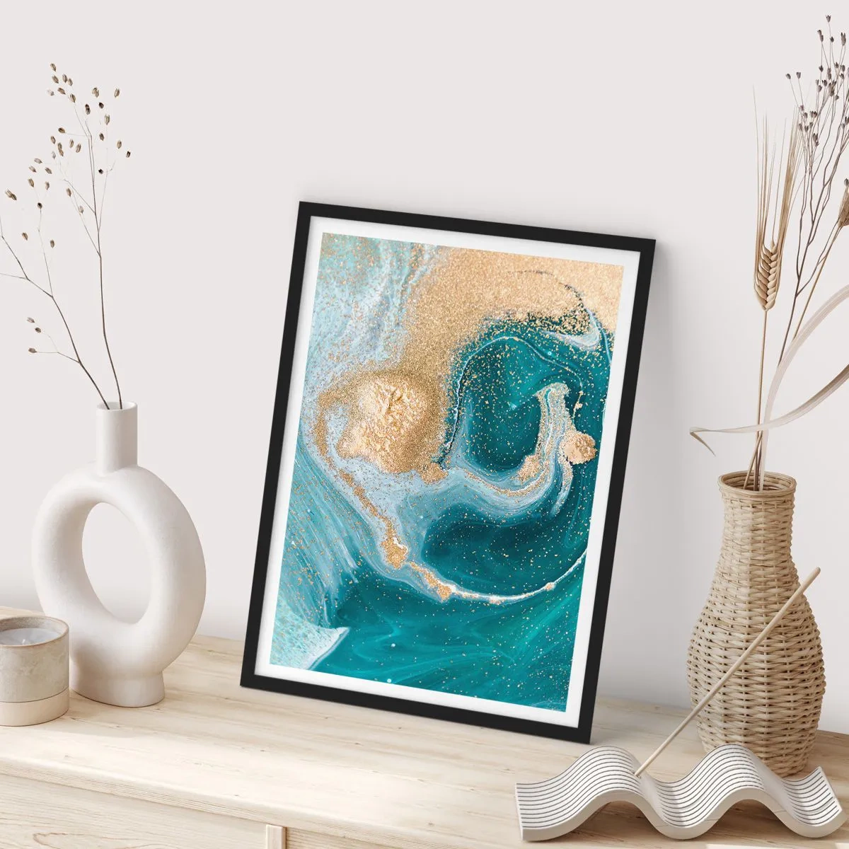 Poszter fehér keretben - Arany és türkiz örvénye - 70x100 cm