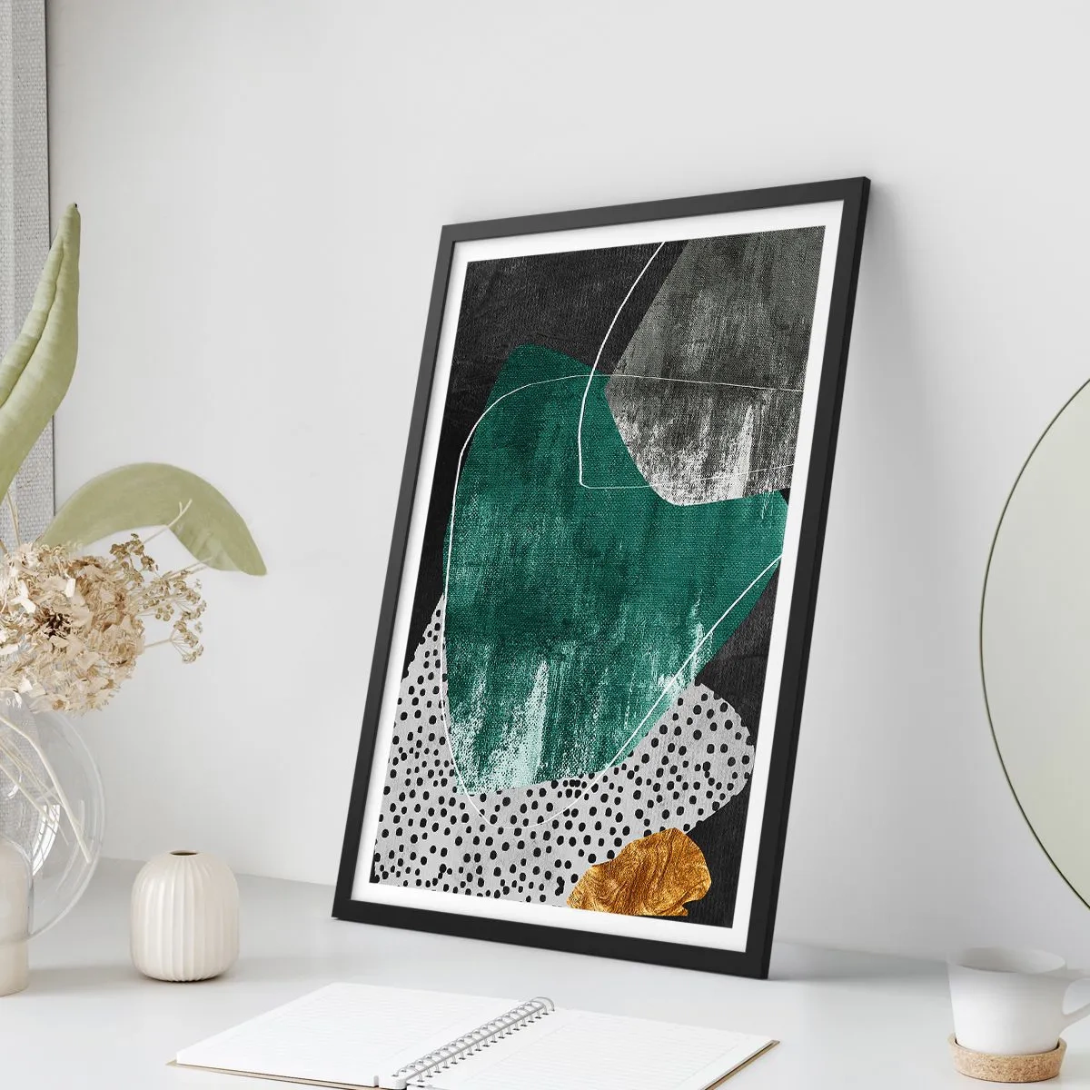 Poszter fehér keretben - Zöld és arany absztrakt kompozíció - 50x70cm - Színes absztrakció aranypehellyel - Modern fali dekoráció nappalihoz és hálószobához ARTTOR