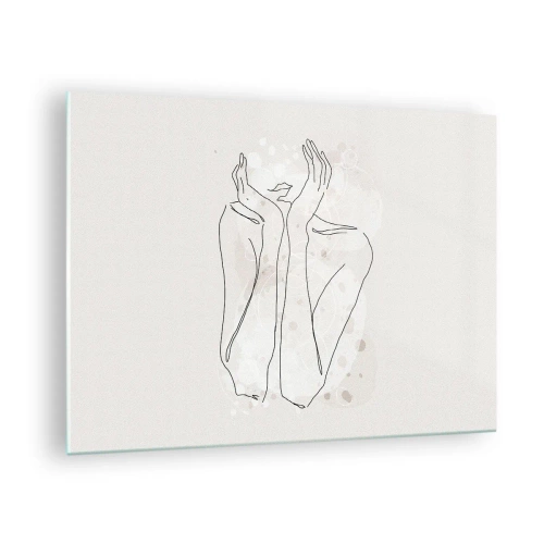 Üveg kép - Egy minimalista vázlat egy női kezekről és ajkakról bézs háttér előtt. - 70x50cm - Várva-várt pillanat - Modern fali dekoráció nappalihoz és hálószobához ARTTOR