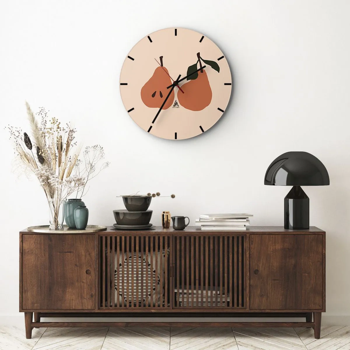 Falióra, Óra - Két körte meleg színekben bézs alapon - 30x30cm - Maga az édesség - Modern fali dekoráció nappalihoz, konyhához és hálószobához ARTTOR