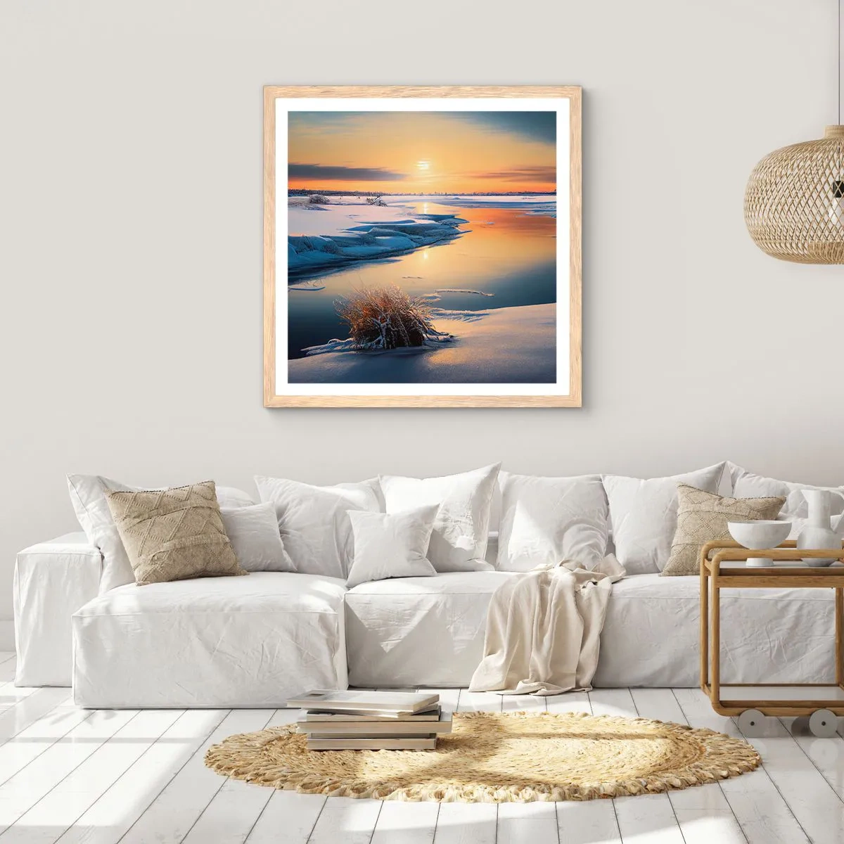 Poszter világos tölgy keretben - Téli naplemente - 60x60 cm